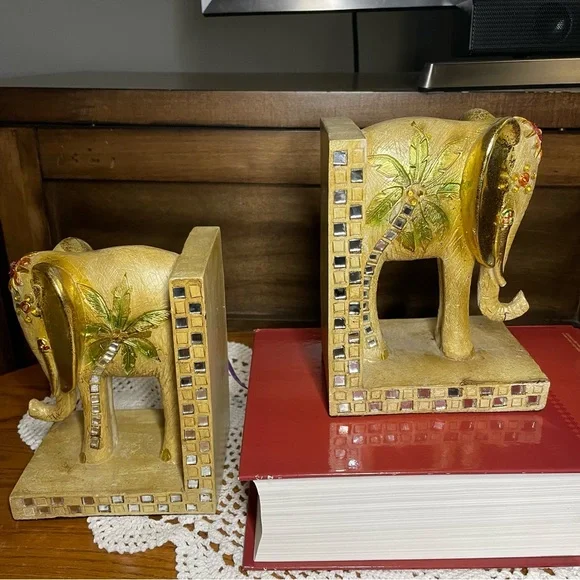 Art deco Gold tone pair of luxury carved Type of Elefants Bookends. - Picture 4 of 7